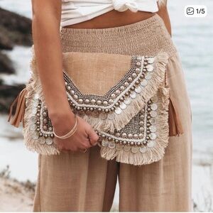 SHASHI Beige Beaded Fringe Straw Clutch